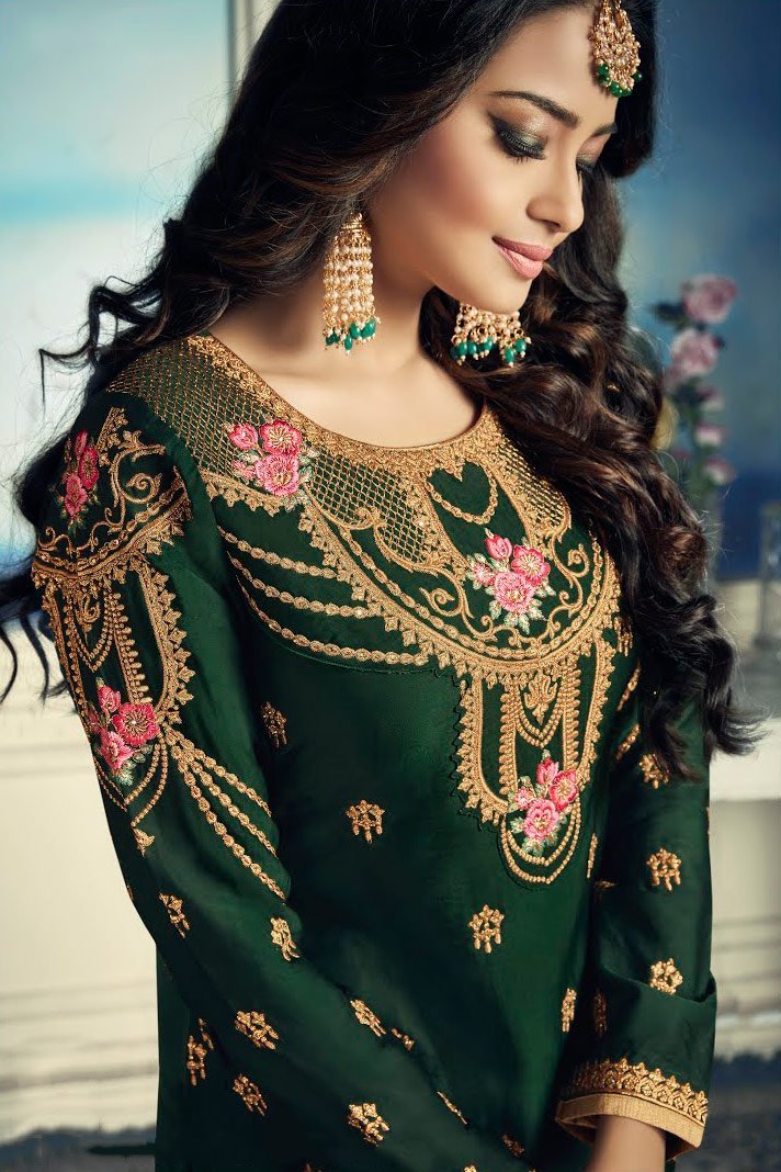 Green Dual Tone Embroidered Sharara Suit