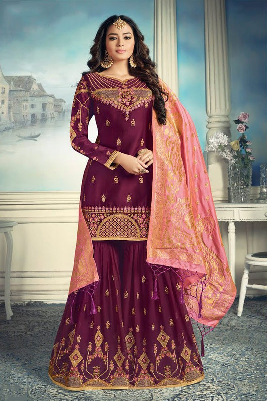 Plum Purple And Pink Embroidered Sharara Suit