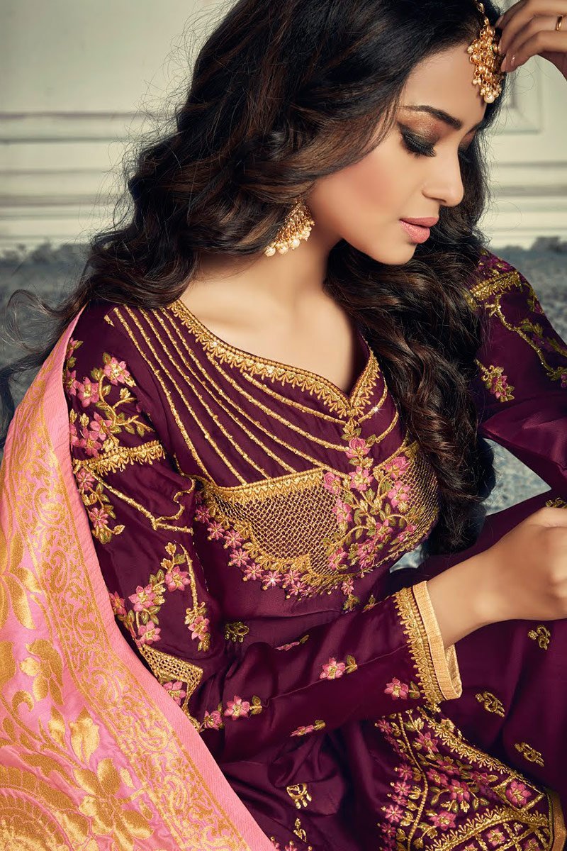 Plum Purple And Pink Embroidered Sharara Suit