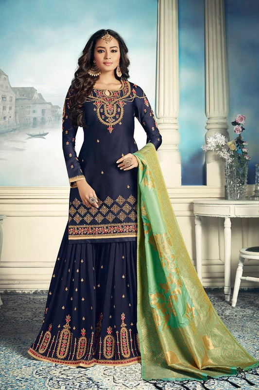 Navy Blue And Green Embroidered Sharara Suit