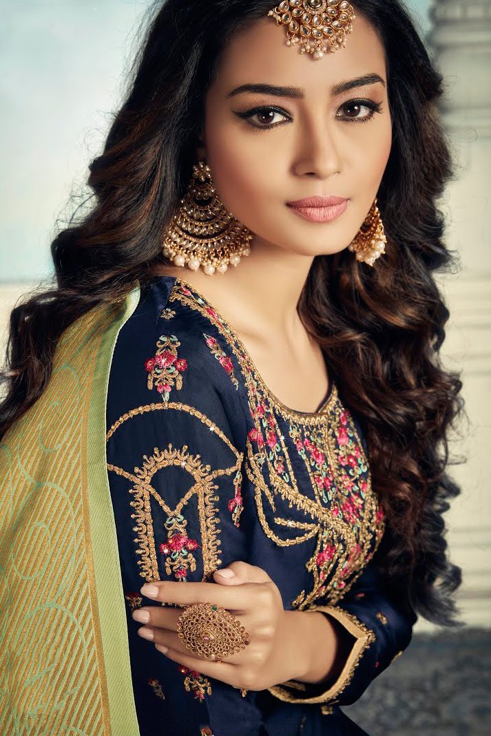 Navy Blue And Green Embroidered Sharara Suit