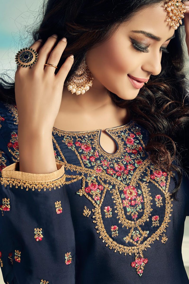 Navy Blue And Green Embroidered Sharara Suit