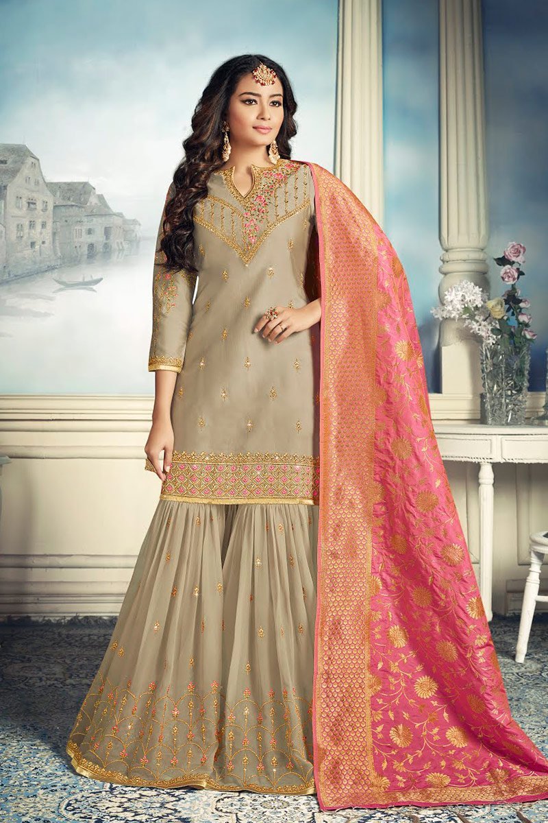 Beige And Pink Embroidered Sharara Suit