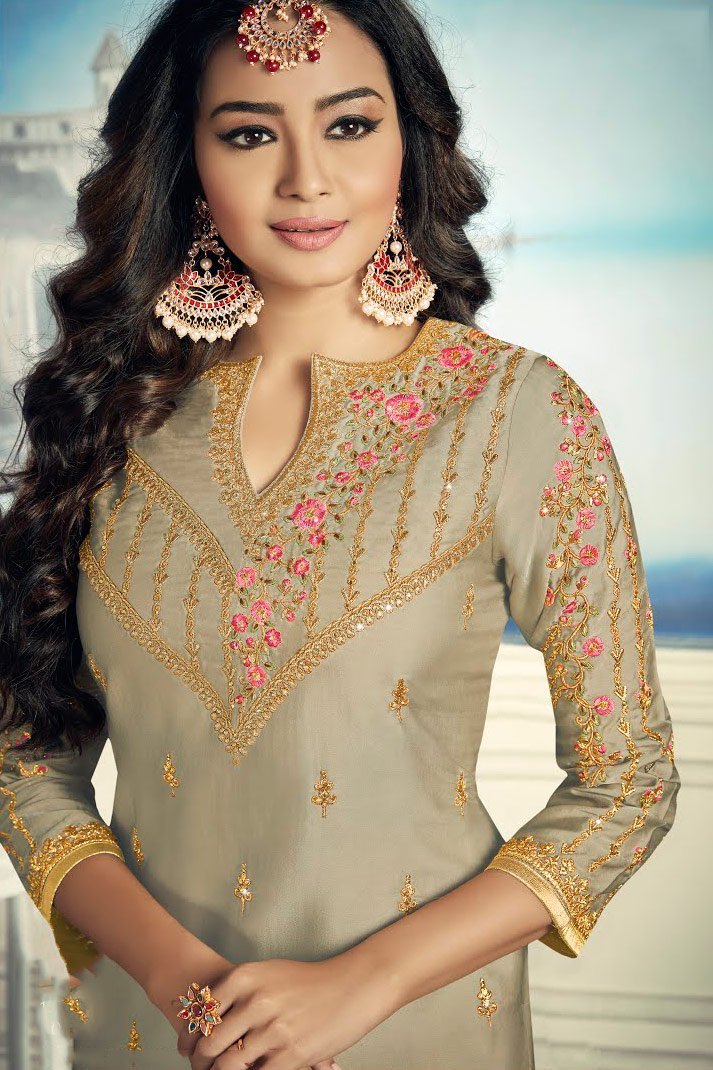 Beige And Pink Embroidered Sharara Suit