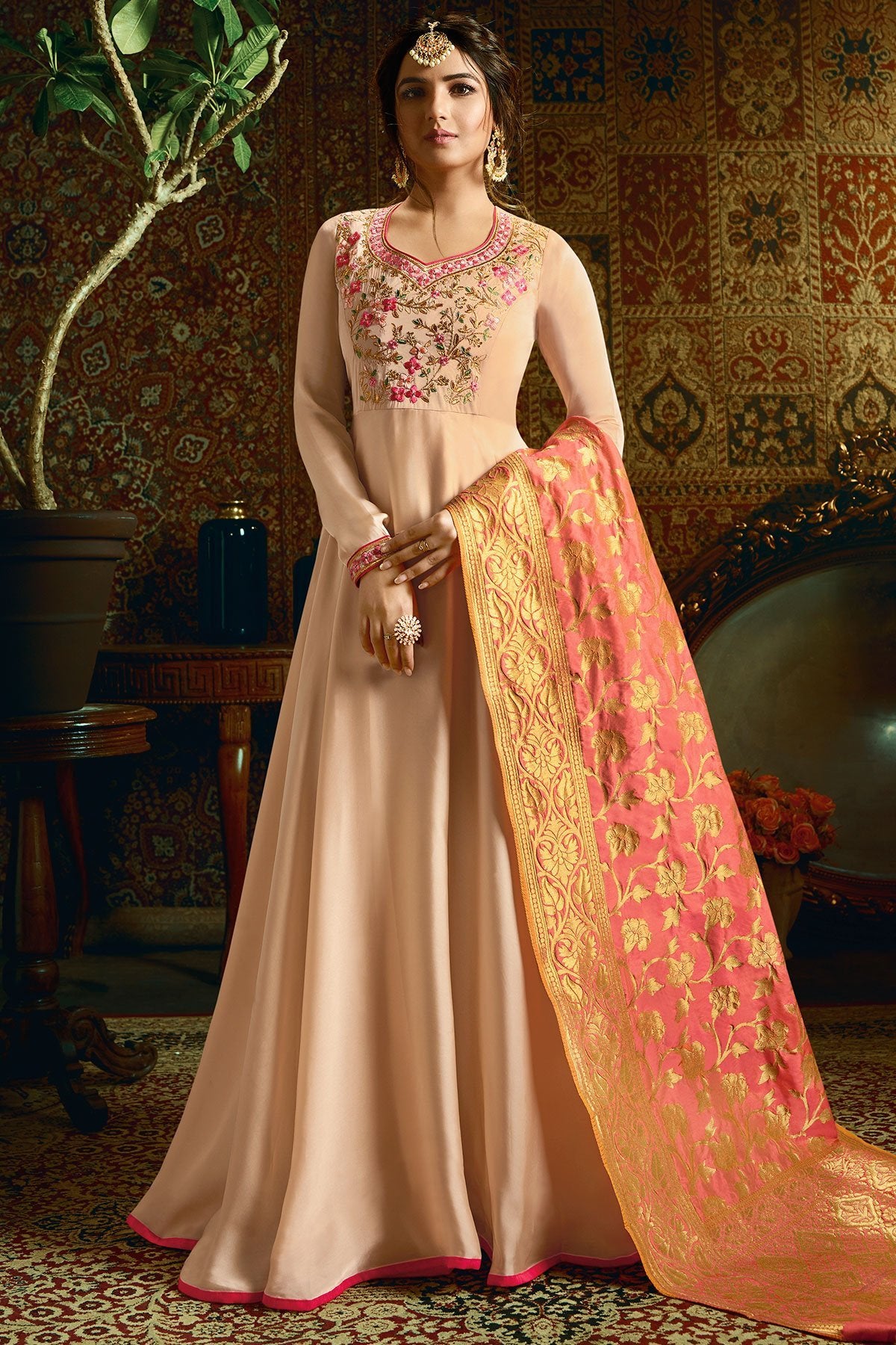 Baby Pink Georgette Satin Party Wear Anarkali Suit