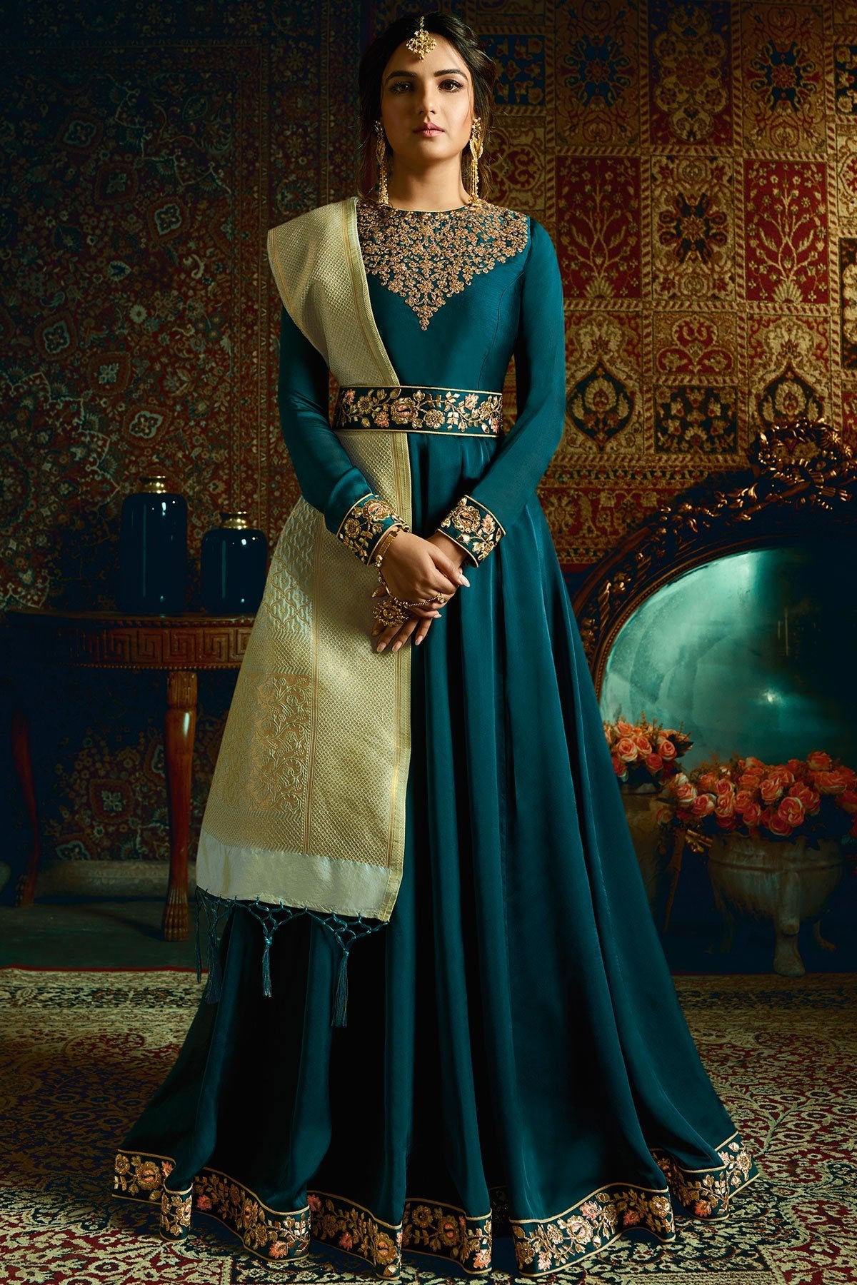 Admiral Blue Georgette Satin Party Wear Anarkali Suit