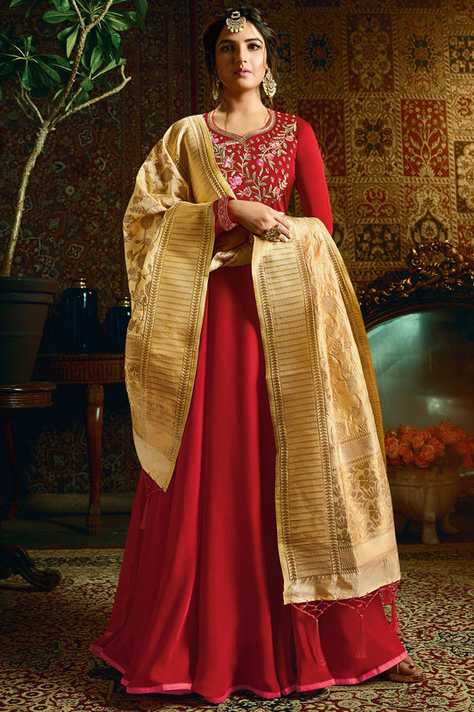 Candy Red Georgette Satin Party Wear Anarkali Suit