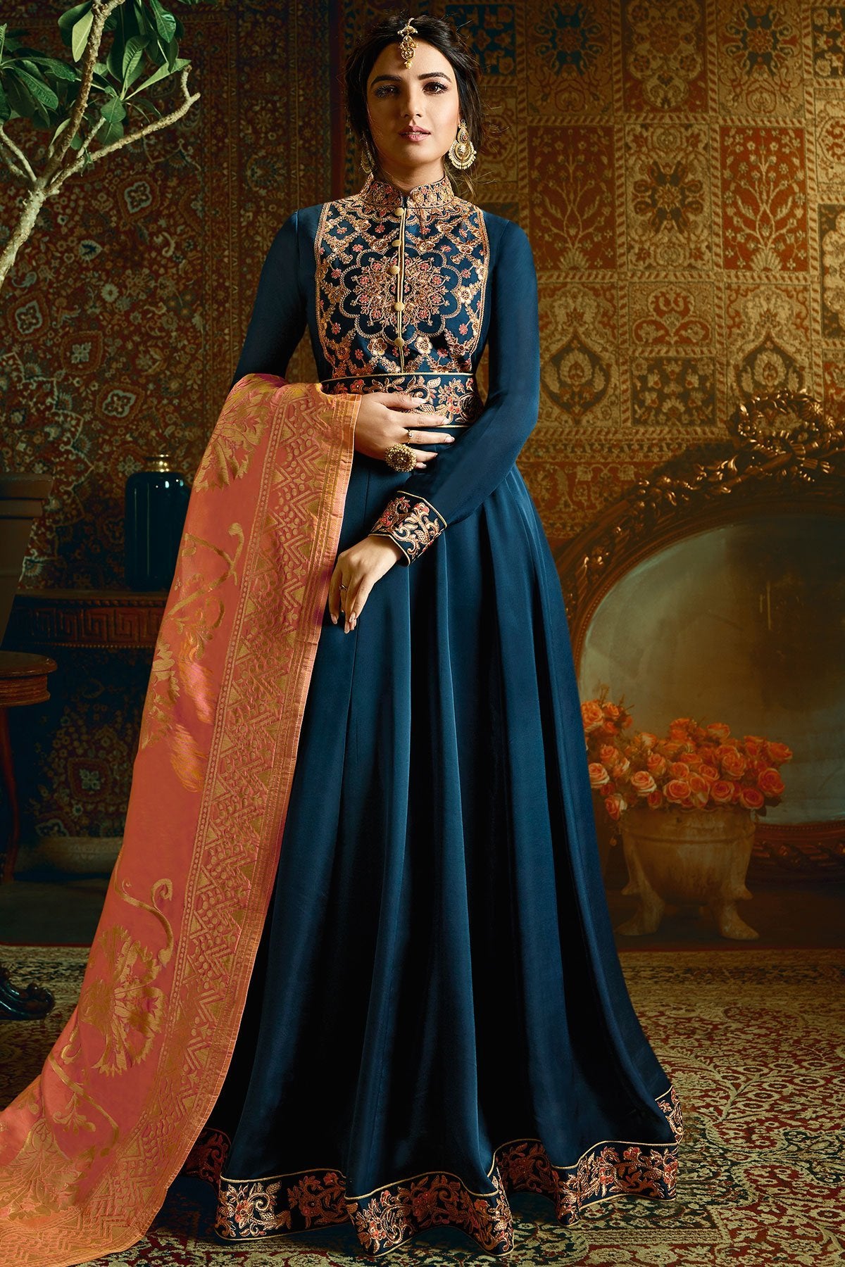 Azure Blue Georgette Satin Party Wear Anarkali Suit