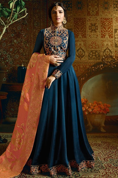 Azure Blue Georgette Satin Party Wear Anarkali Suit