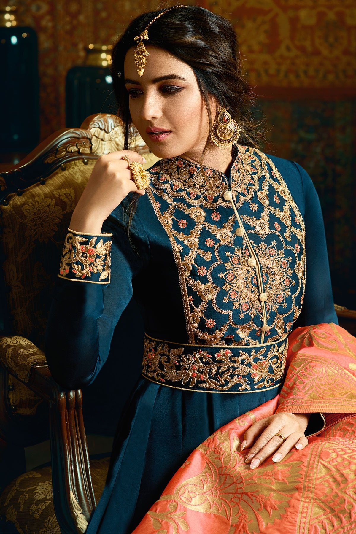 Azure Blue Georgette Satin Party Wear Anarkali Suit