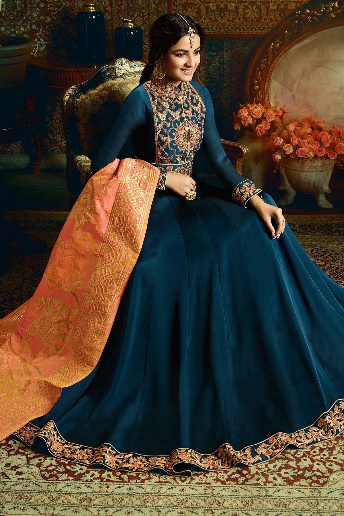 Azure Blue Georgette Satin Party Wear Anarkali Suit