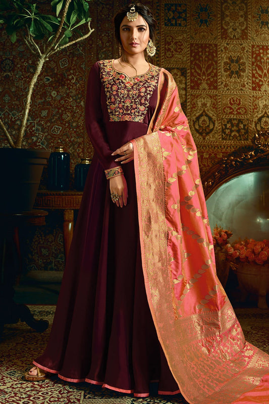 Wine Georgette Satin Party Wear Anarkali Suit