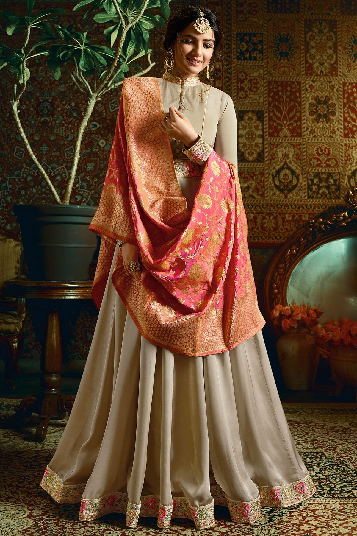 Cloud Grey Georgette Satin Party Wear Anarkali Suit
