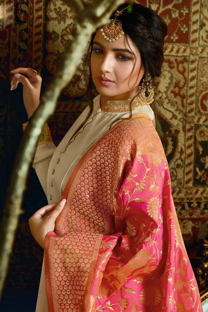 Cloud Grey Georgette Satin Party Wear Anarkali Suit
