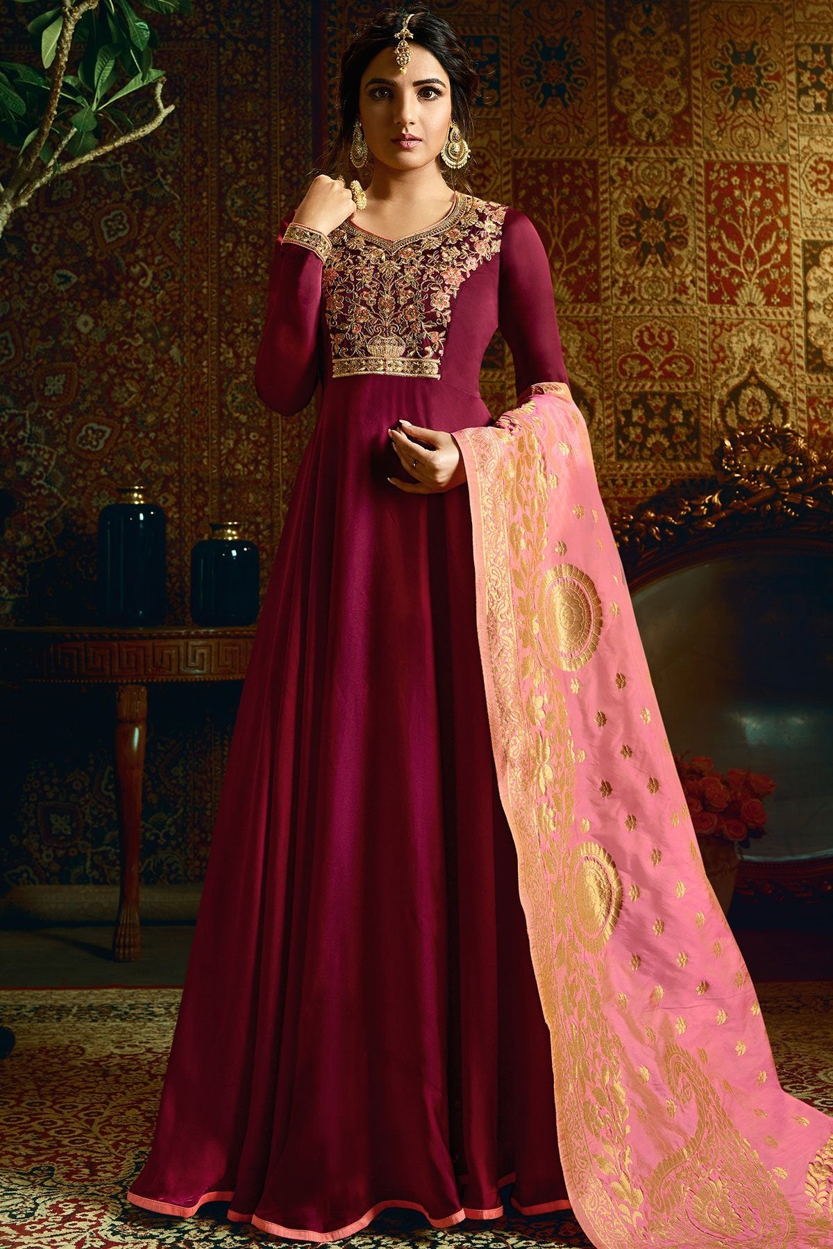 Cherry Red Georgette Satin Party Wear Anarkali Suit