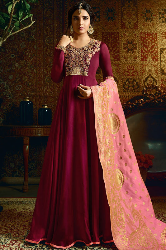 Cherry Red Georgette Satin Party Wear Anarkali Suit