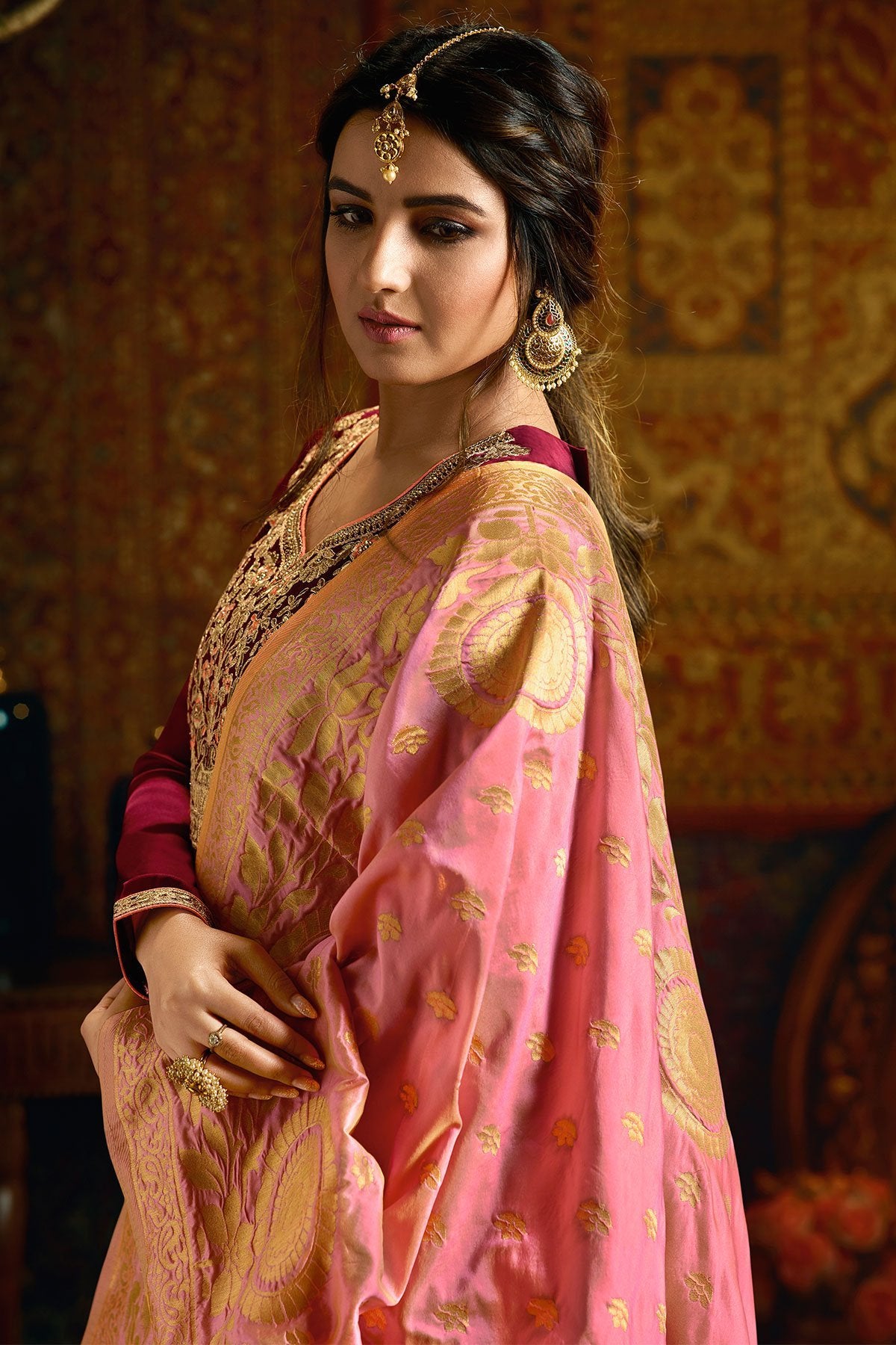 Cherry Red Georgette Satin Party Wear Anarkali Suit