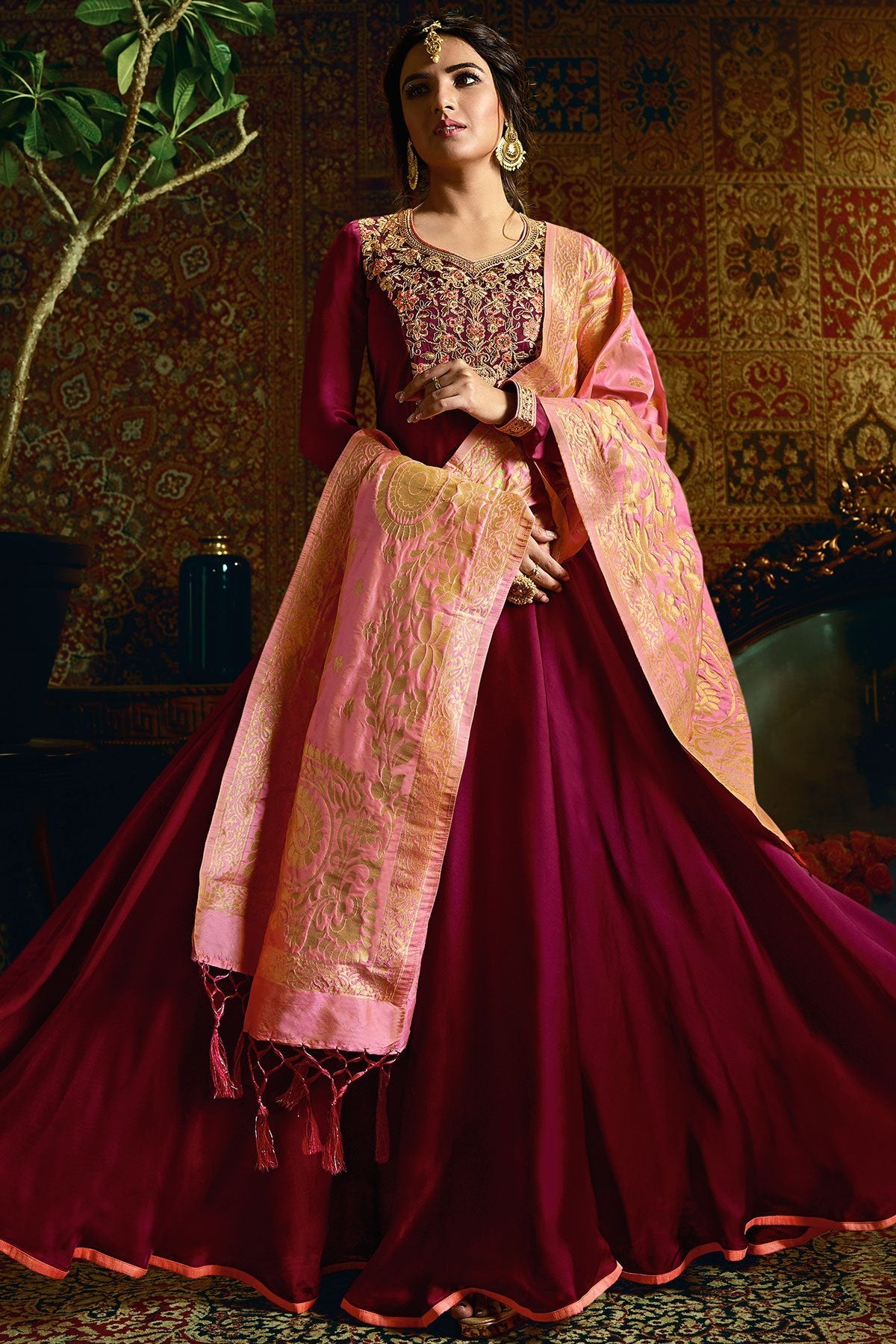 Cherry Red Georgette Satin Party Wear Anarkali Suit