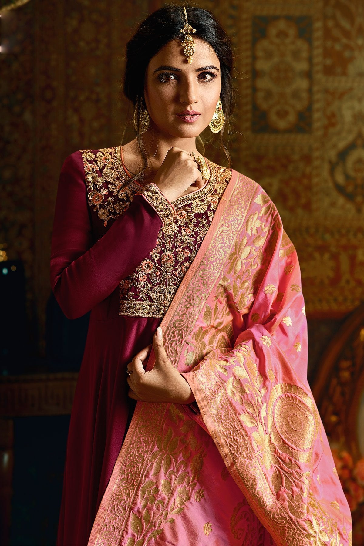 Cherry Red Georgette Satin Party Wear Anarkali Suit