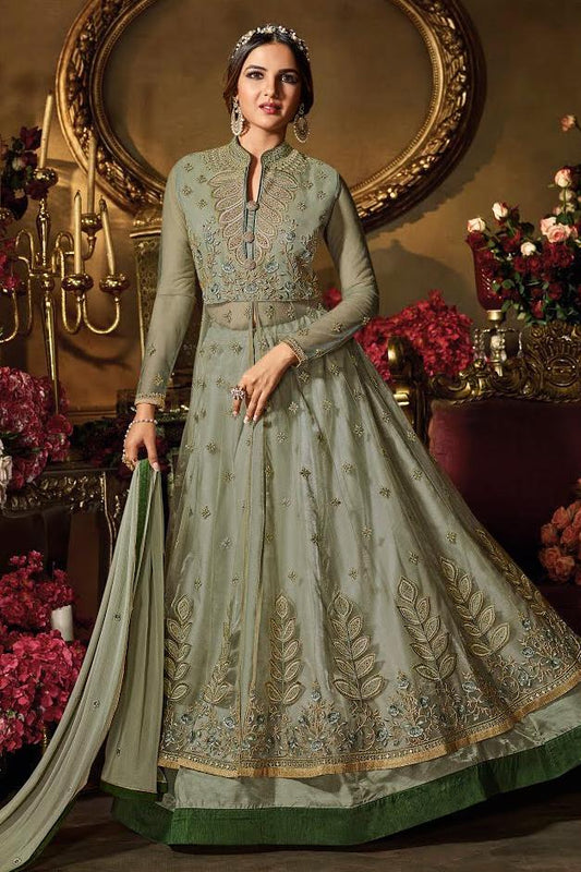 Grey Heavy Net Party Wear Anarkali Suit