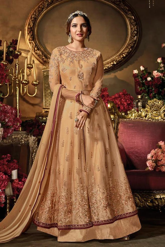 Peach Cream Heavy Net Party Wear Anarkali Suit