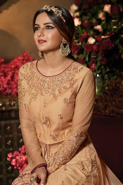 Peach Cream Heavy Net Party Wear Anarkali Suit