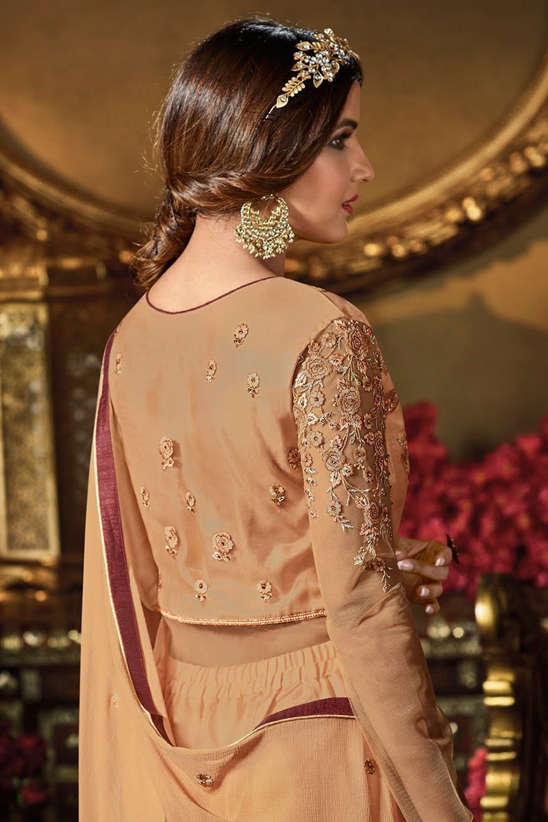 Peach Cream Heavy Net Party Wear Anarkali Suit