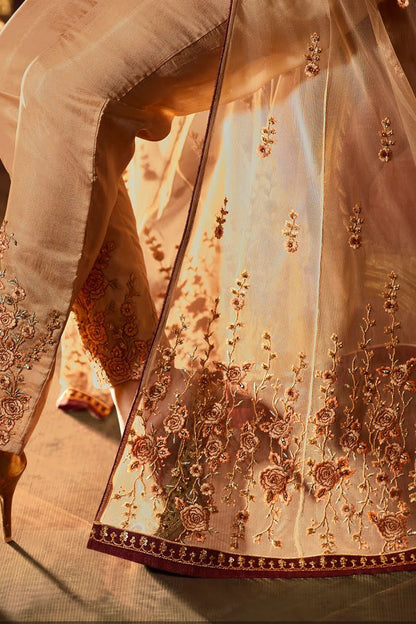 Peach Cream Heavy Net Party Wear Anarkali Suit