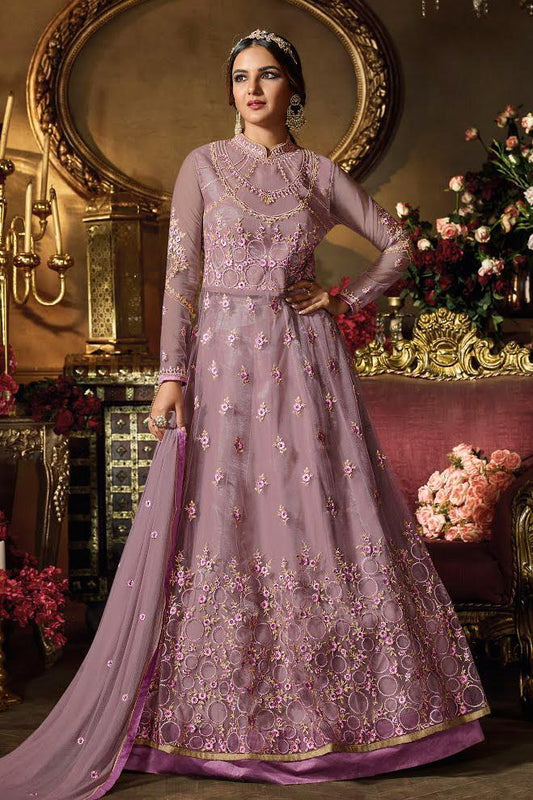 Lavender Cream Heavy Net Party Wear Anarkali Suit
