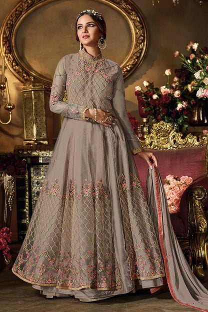 Grey Cream Heavy Net Party Wear Anarkali Suit