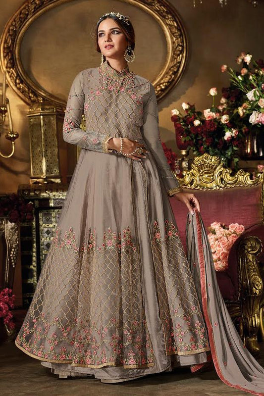 Grey Cream Heavy Net Party Wear Anarkali Suit