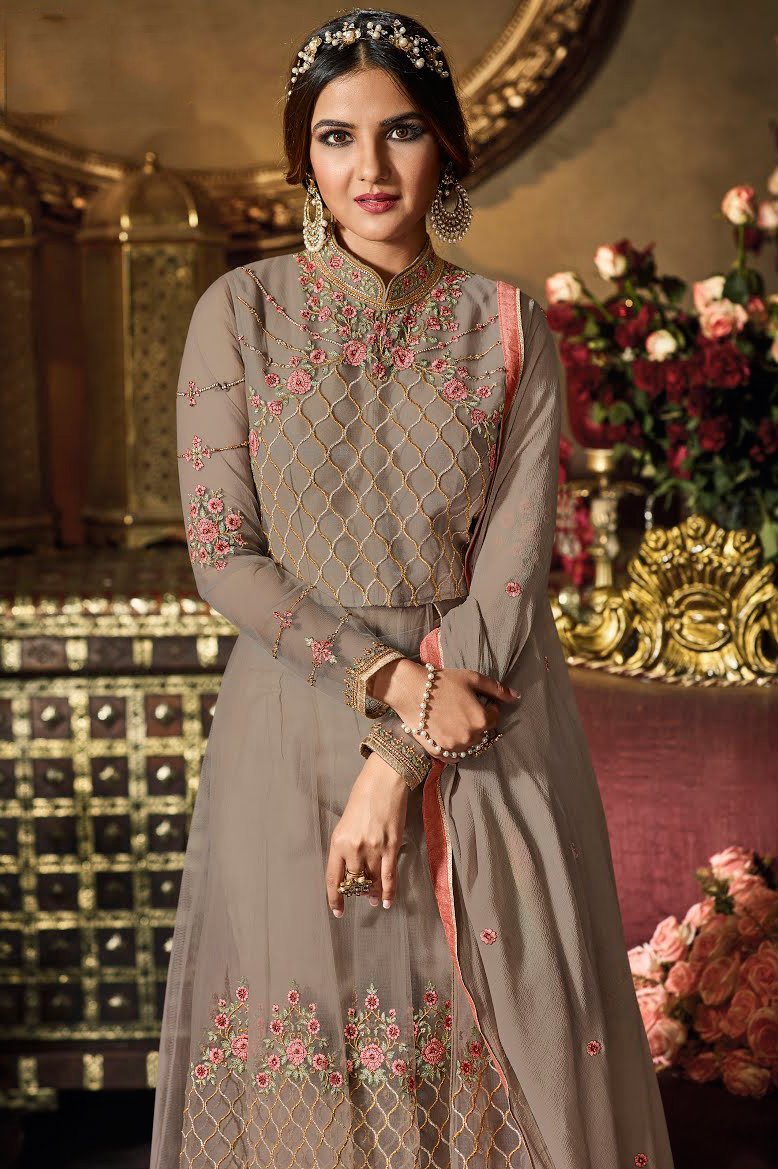 Grey Cream Heavy Net Party Wear Anarkali Suit