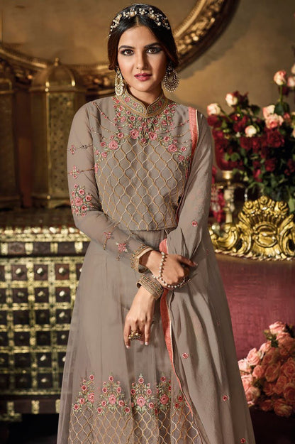 Grey Cream Heavy Net Party Wear Anarkali Suit