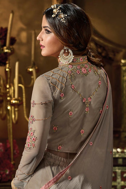 Grey Cream Heavy Net Party Wear Anarkali Suit
