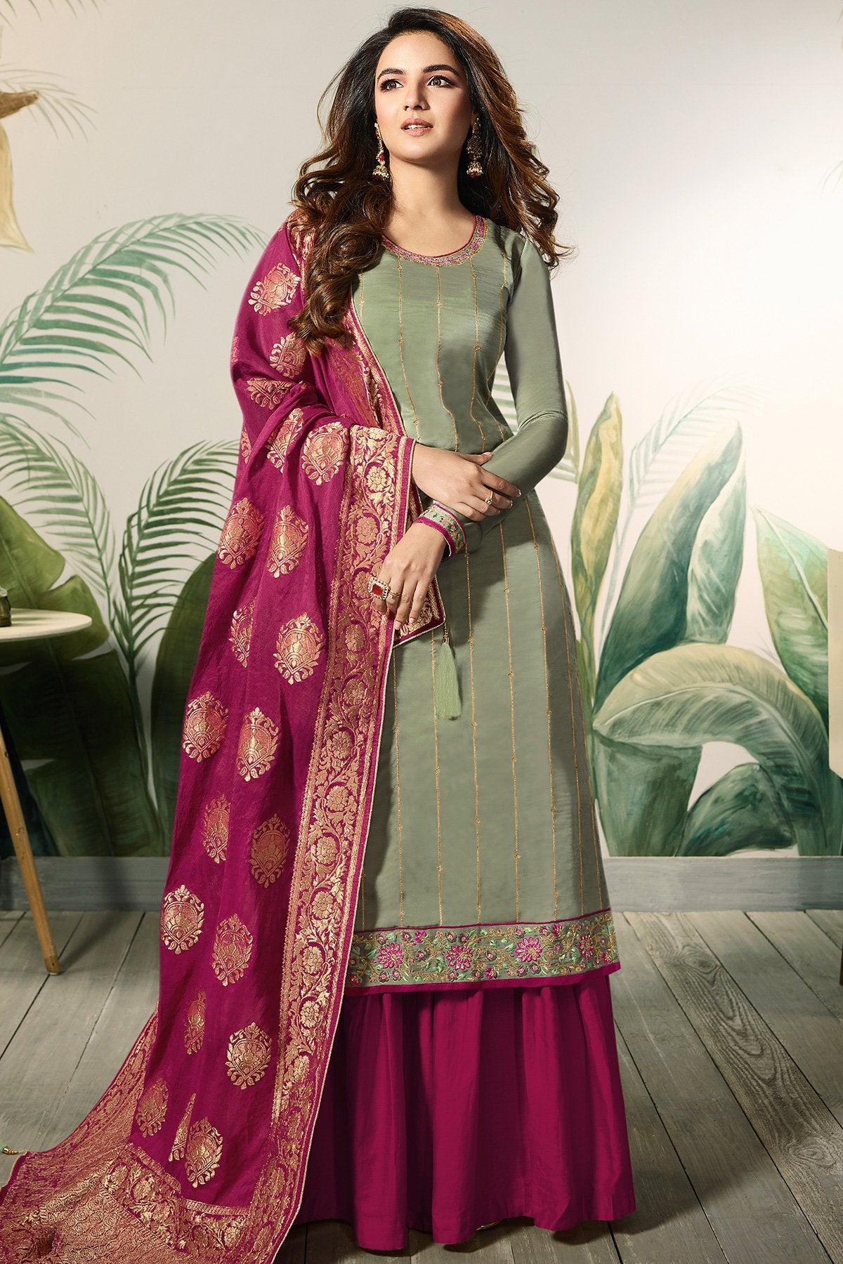 Sage Green and Plum Satin Silk Sharara Suit