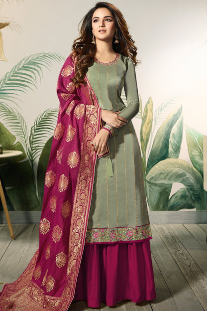 Sage Green and Plum Satin Silk Sharara Suit