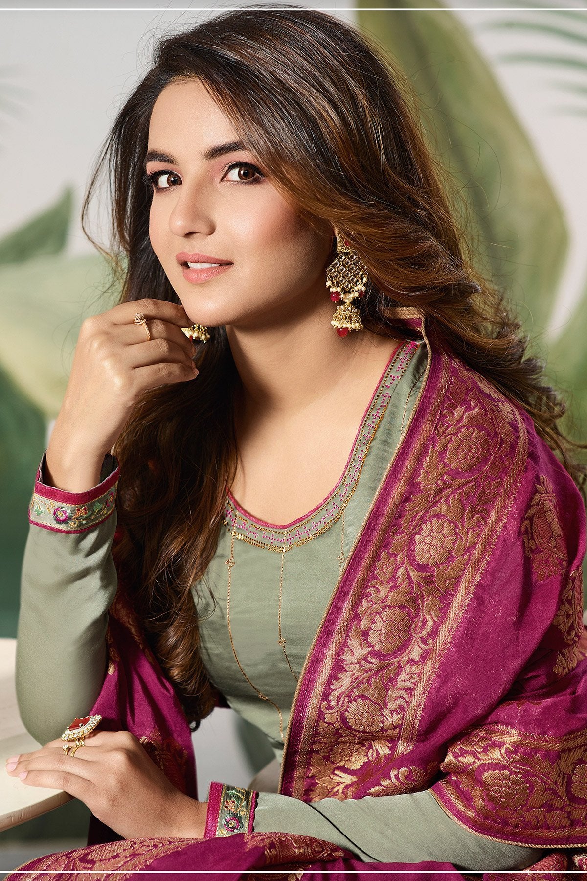 Sage Green and Plum Satin Silk Sharara Suit