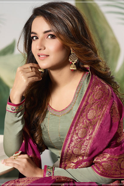 Sage Green and Plum Satin Silk Sharara Suit