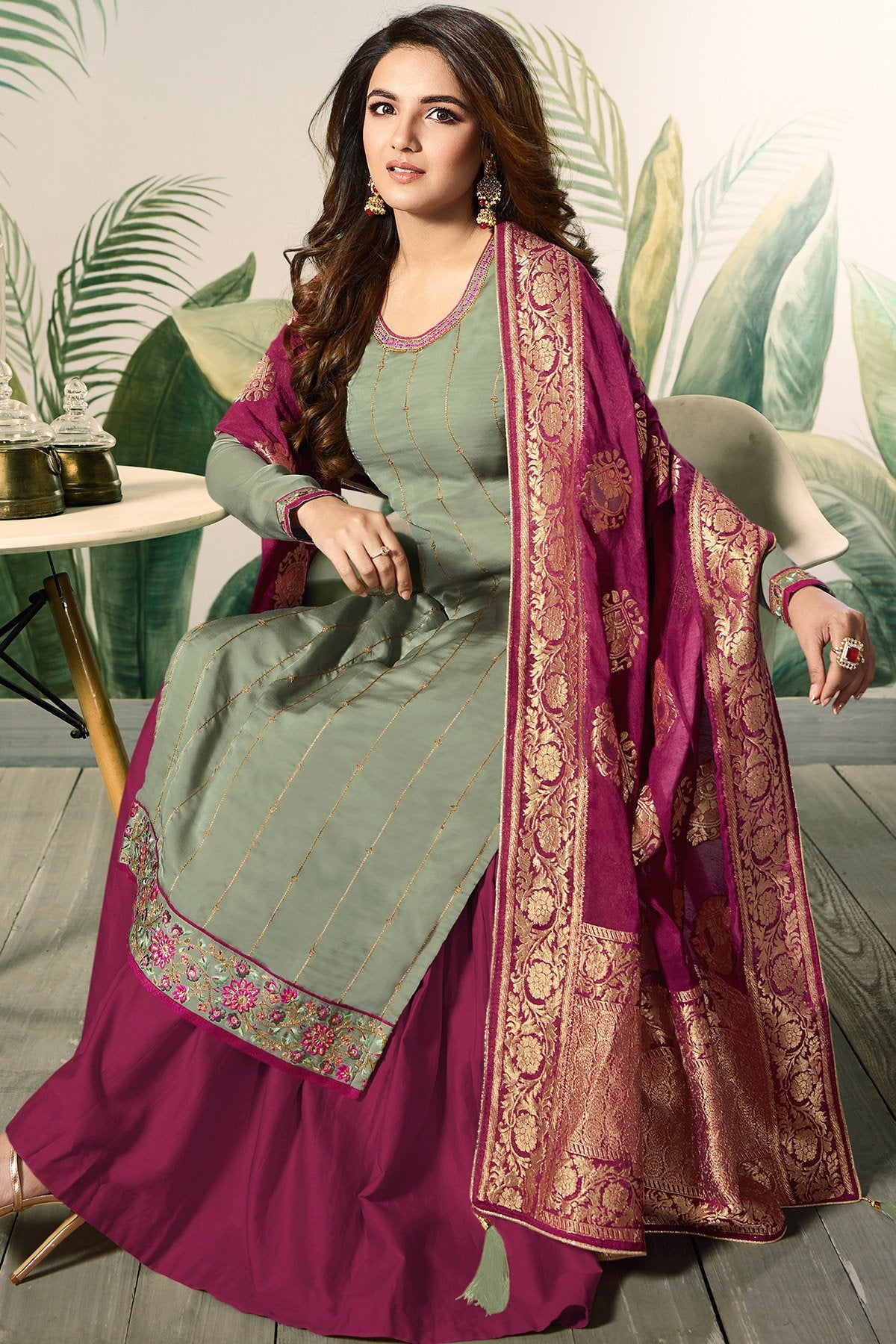 Sage Green and Plum Satin Silk Sharara Suit