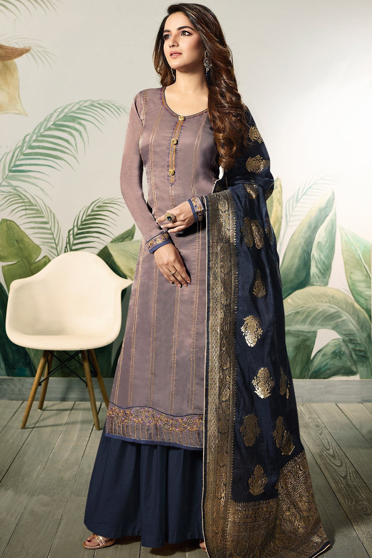 Dove Grey and Oxford Blue Satin Silk Sharara Suit