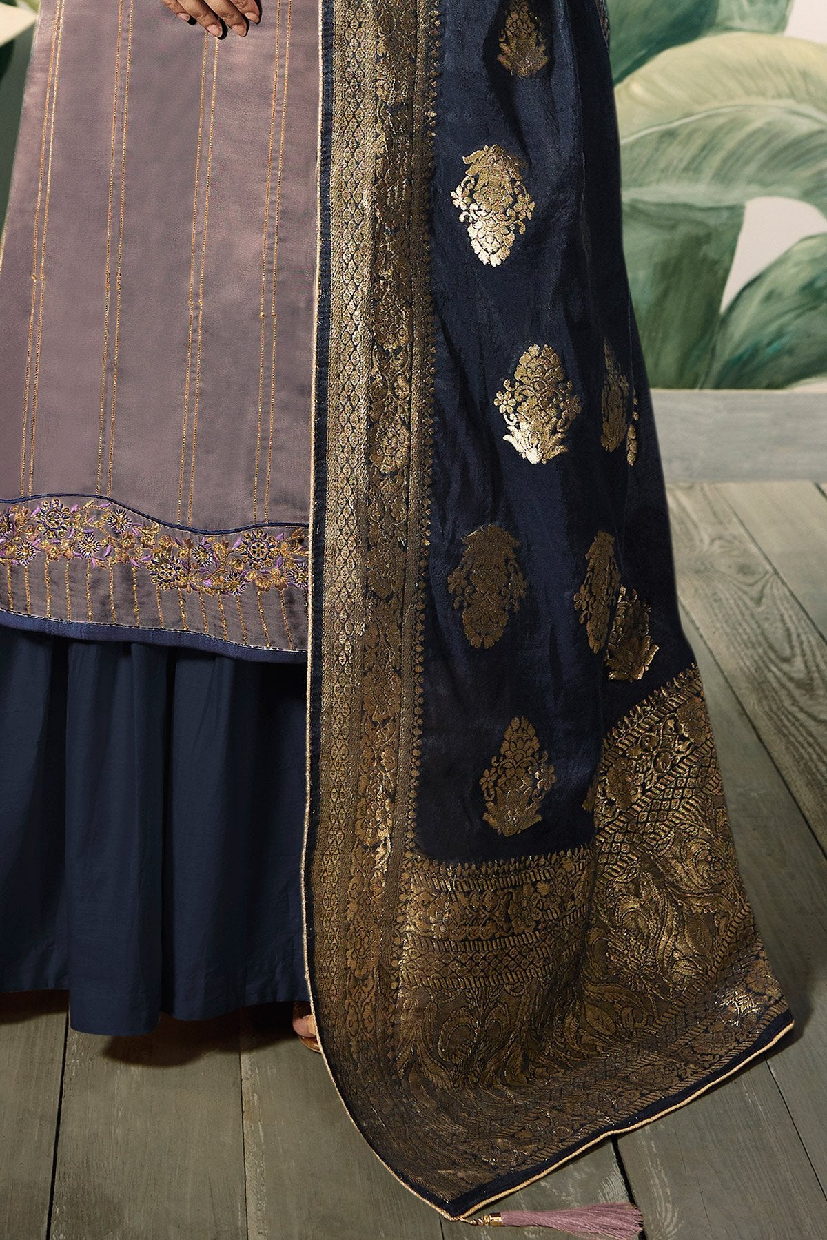Dove Grey and Oxford Blue Satin Silk Sharara Suit