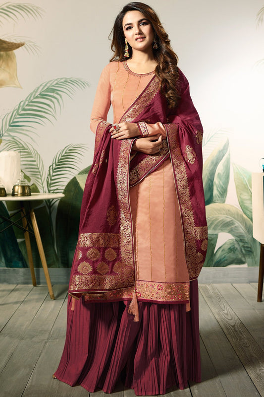 Salmon Pink and Plum Satin Silk Sharara Suit