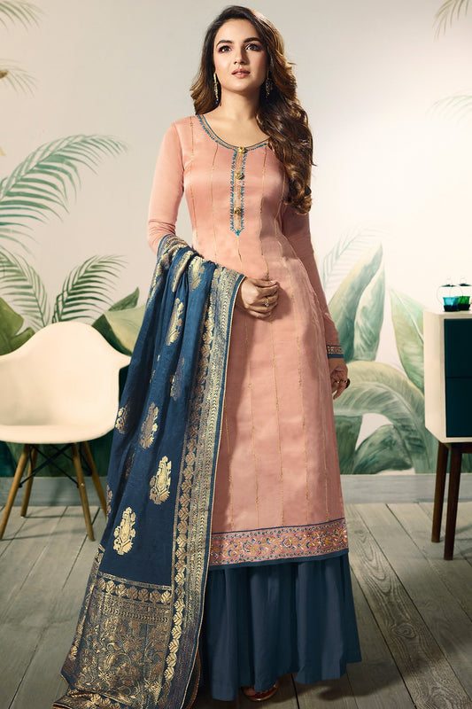 Flamingo Pink and Berry Blue Satin Silk Sharara Suit