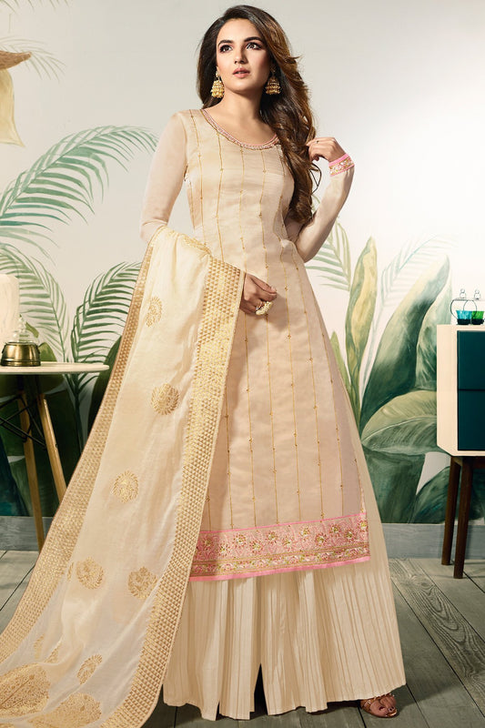 Cream Satin Silk Designer Sharara Suit