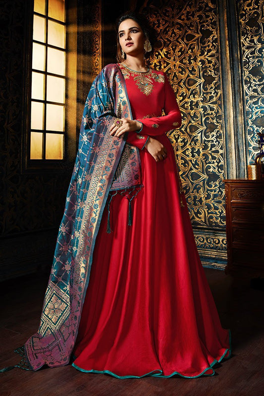 Ruby-Red Sartin Georgette Floor length Anarkali Suit