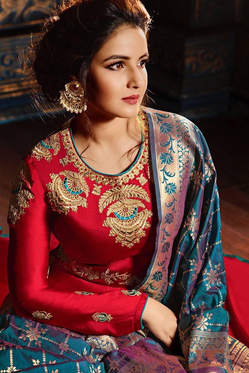 Ruby-Red Sartin Georgette Floor length Anarkali Suit