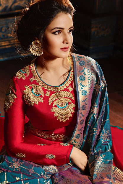 Ruby-Red Sartin Georgette Floor length Anarkali Suit