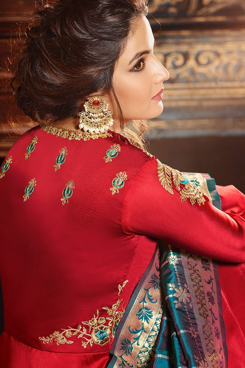 Ruby-Red Sartin Georgette Floor length Anarkali Suit