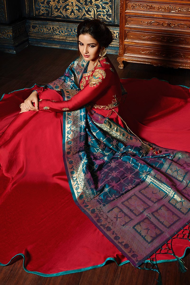 Ruby-Red Sartin Georgette Floor length Anarkali Suit