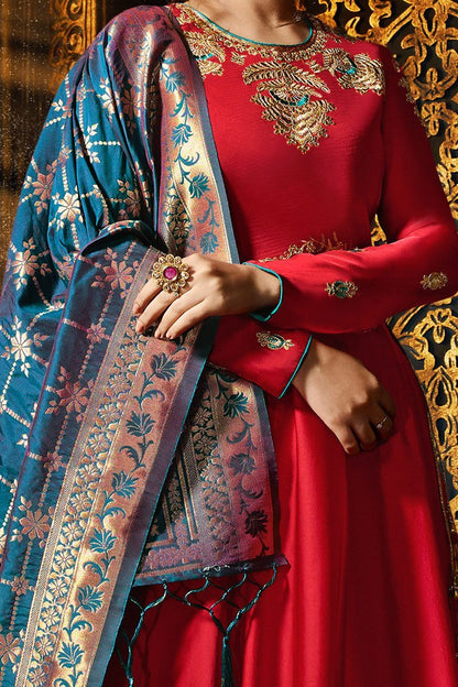 Ruby-Red Sartin Georgette Floor length Anarkali Suit